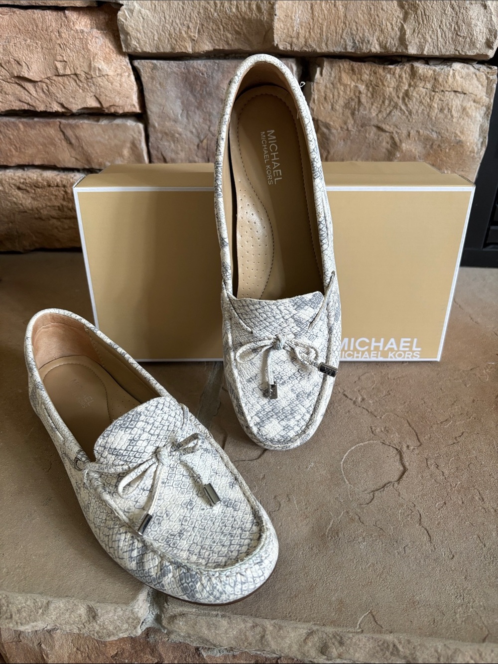 Michael Kors Women's Cream Snake-Print Leather Loafers with Bow